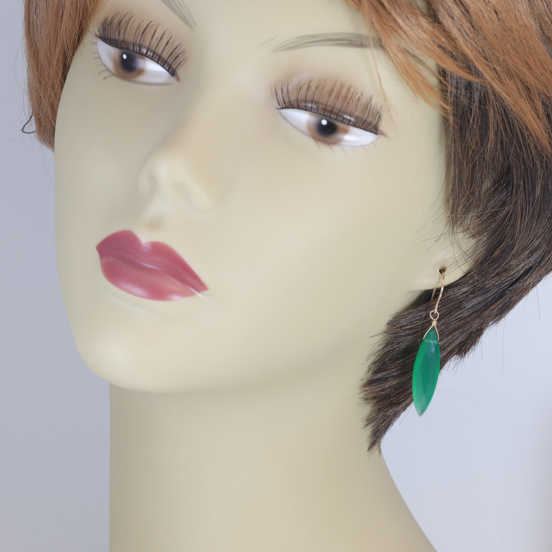 Green Onyx Earrings Faceted Long AAA Drop Dangle Large Narrow Teardrop Sterling Silver or 14k Gold Filled Rich Emerald Green Color Drops