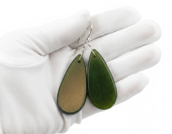 Green Jade Earrings Natural Nephrite Smooth Large Teardrop 14k gold or filled or Sterling Silver Simple Classic Cut thin Drops Long Real - Spyglass Designs