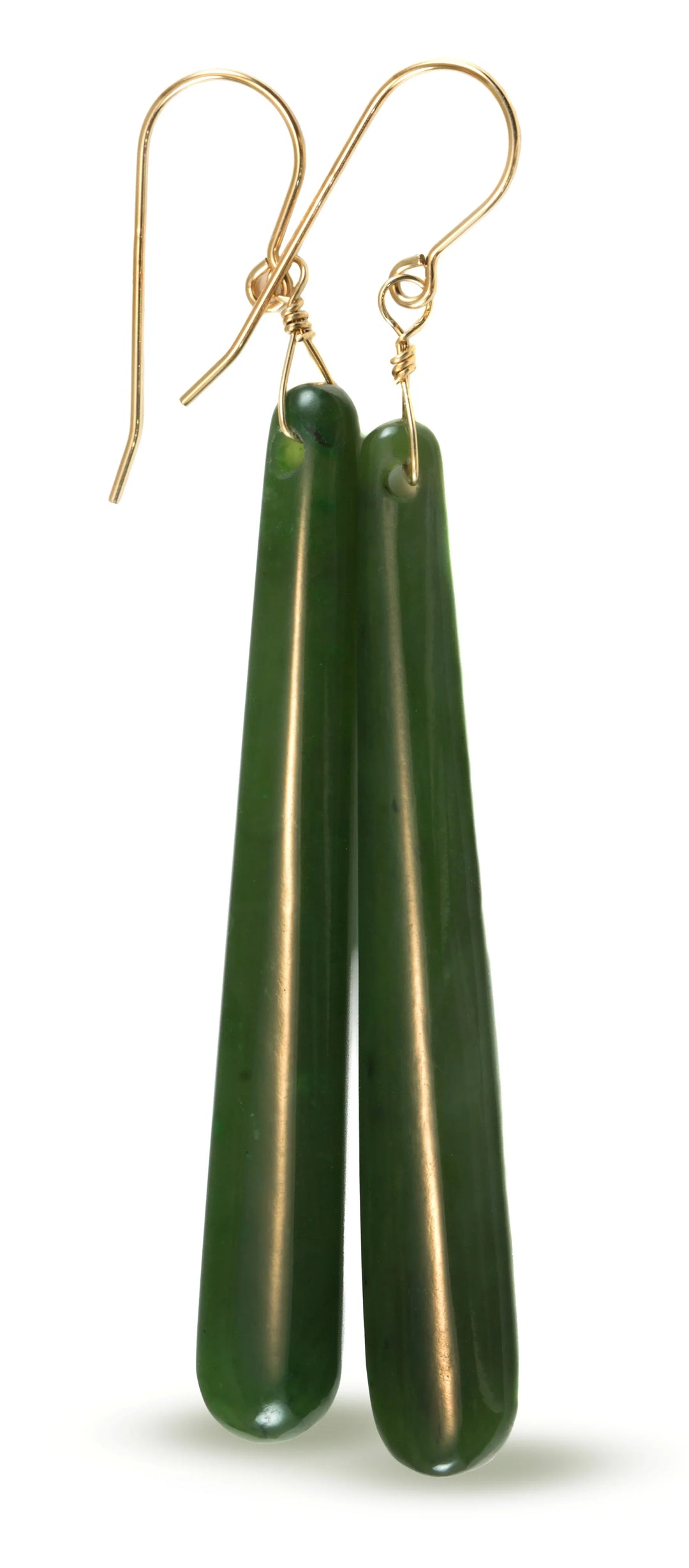 Green Jade Earrings Natural Nephrite Skinny Narrow Long Teardrop 14k solid gold or filled or Sterling Silver 3 Inch Special Cut Earthy Green - Spyglass Designs
