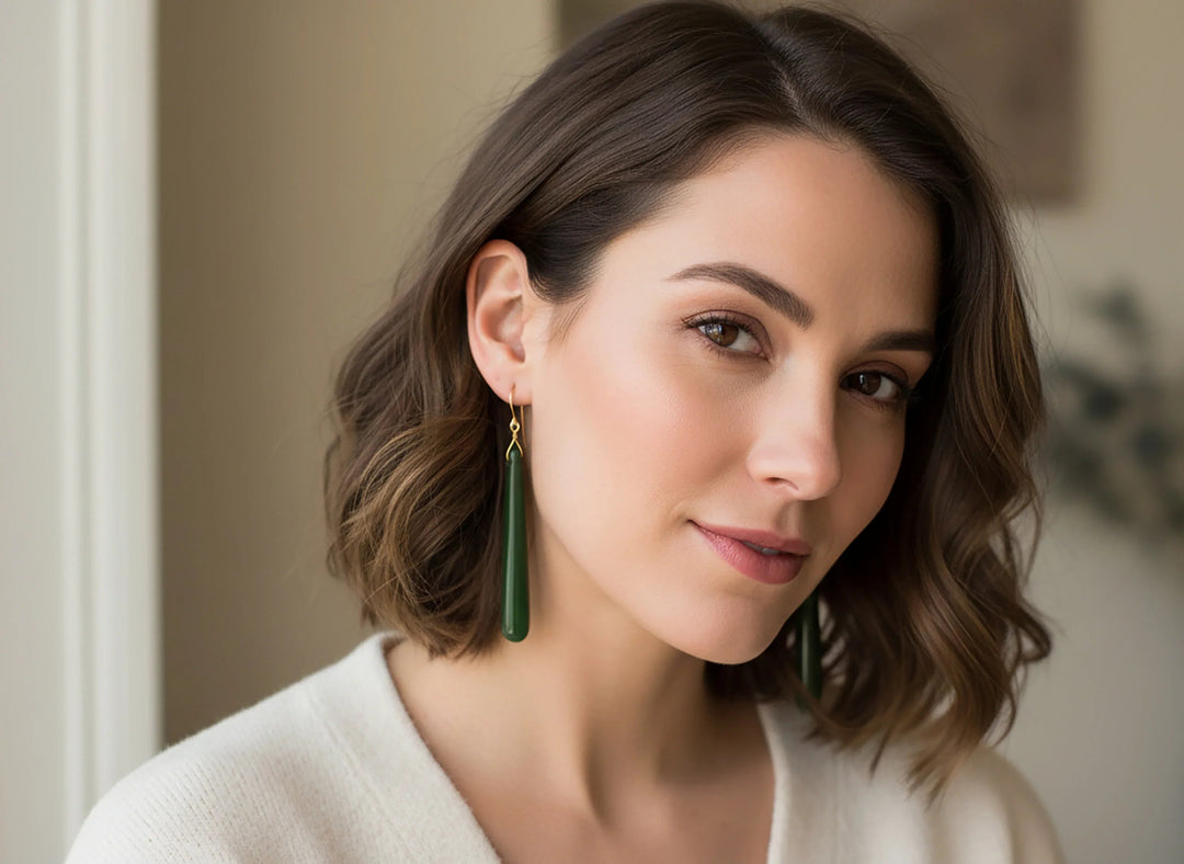 Green Jade Earrings Natural Nephrite Skinny Narrow Long Teardrop 14k solid gold or filled or Sterling Silver 3 Inch Special Cut Earthy Green - Spyglass Designs