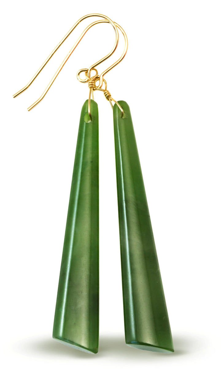 Green Jade Earrings Natural Nephrite Smooth Long Skinny 14k solid gold or filled or Sterling Silver Simple Contemporary thin Drops Long 2.7" - Spyglass Designs
