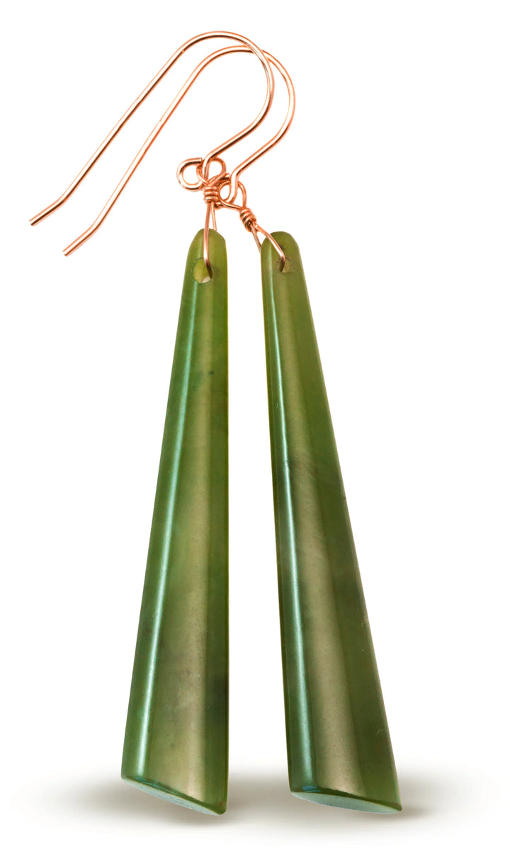 Green Jade Earrings Natural Nephrite Smooth Long Skinny 14k solid gold or filled or Sterling Silver Simple Contemporary thin Drops Long 2.7" - Spyglass Designs