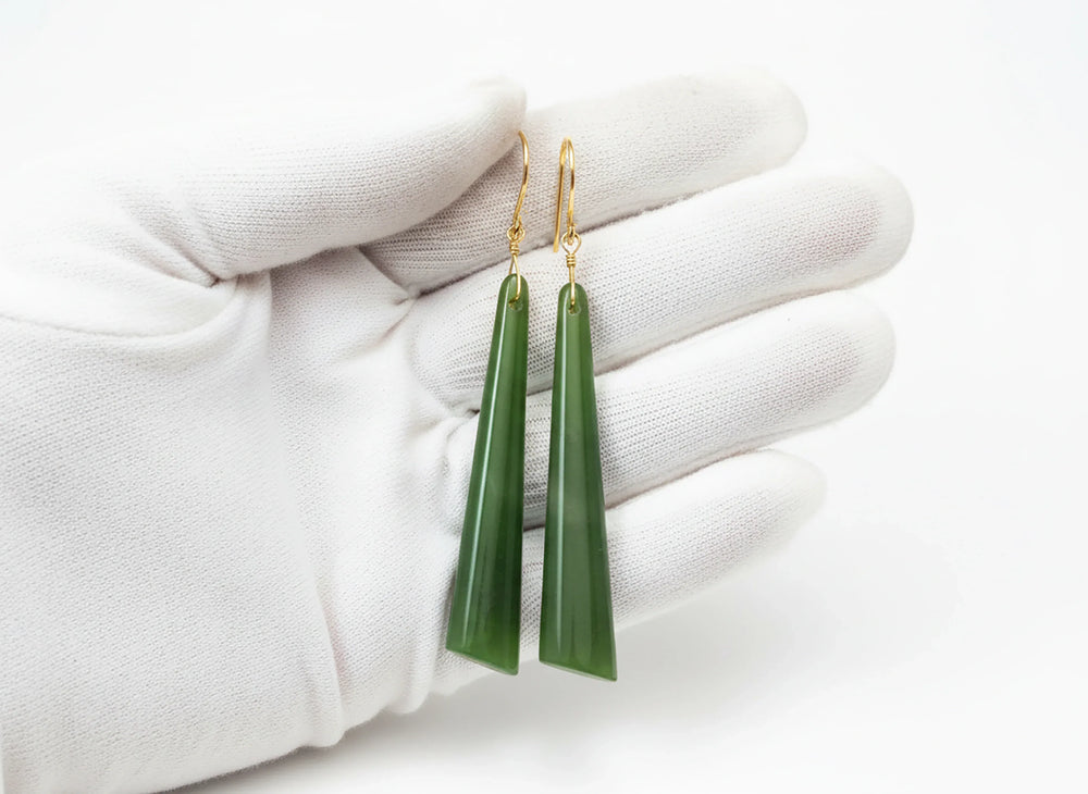 Green Jade Earrings Natural Nephrite Smooth Long Skinny 14k solid gold or filled or Sterling Silver Simple Contemporary thin Drops Long 2.7" - Spyglass Designs