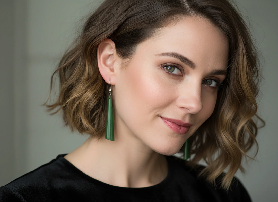 Green Jade Earrings Natural Nephrite Smooth Long Skinny 14k solid gold or filled or Sterling Silver Simple Contemporary thin Drops Long 2.7" - Spyglass Designs