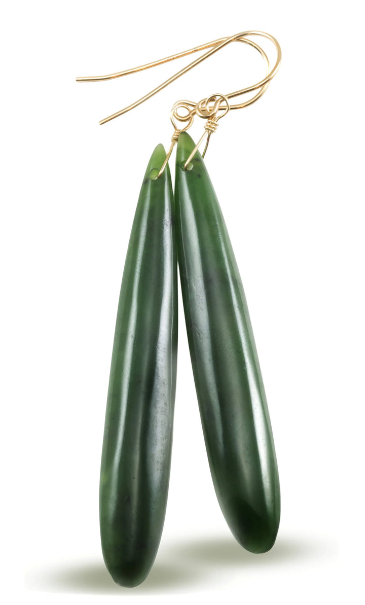 Green Jade Earrings Natural Nephrite Skinny Long Teardrop 14k solid gold or filled or Sterling Silver Rich Real Earthy Simple Cut Drops - Spyglass Designs