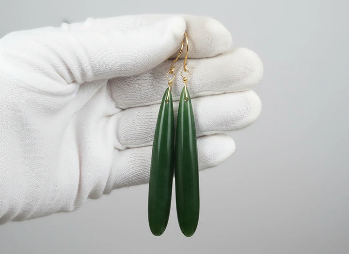 Green Jade Earrings Natural Nephrite Skinny Long Teardrop 14k solid gold or filled or Sterling Silver Rich Real Earthy Simple Cut Drops - Spyglass Designs