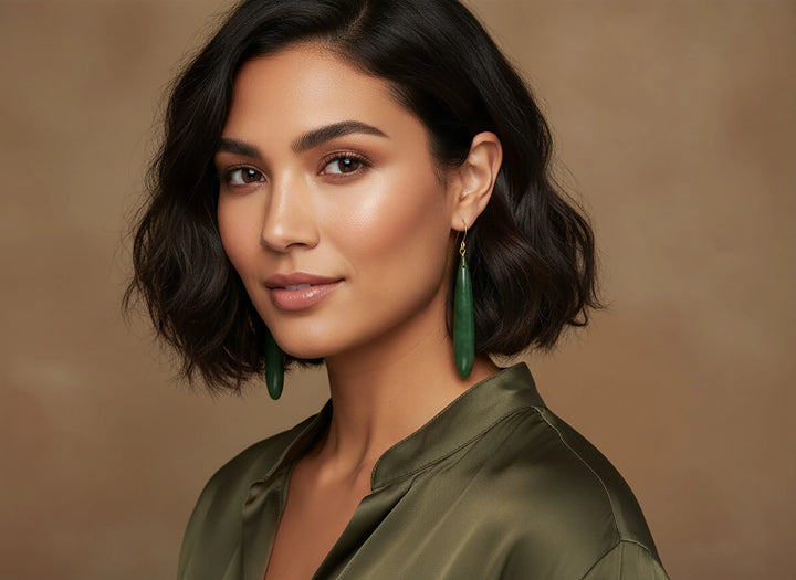 Green Jade Earrings Natural Nephrite Skinny Long Teardrop 14k solid gold or filled or Sterling Silver Rich Real Earthy Simple Cut Drops - Spyglass Designs