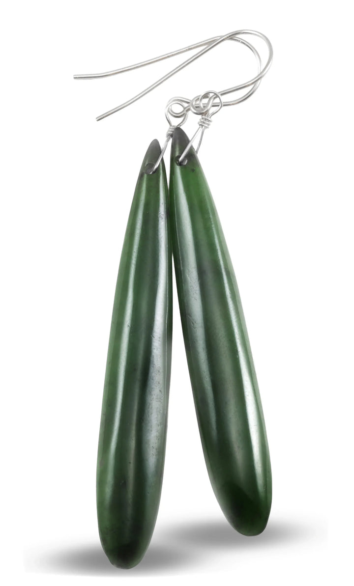 Green Jade Earrings Natural Nephrite Skinny Long Teardrop 14k solid gold or filled or Sterling Silver Rich Real Earthy Simple Cut Drops - Spyglass Designs