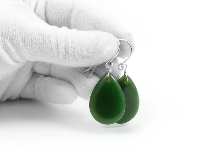 Jade Earrings Natural Green Nephrite Smooth Fat Teardrop Drops 14k Solid Gold or Filled or Sterling Silver Earthy Rich Green classic simple - Spyglass Designs