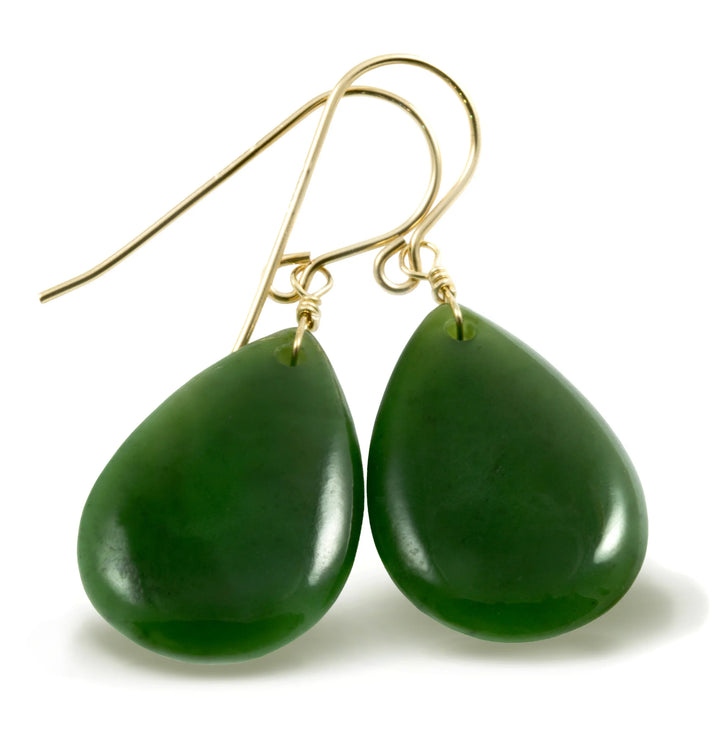 Jade Earrings Natural Green Nephrite Smooth Fat Teardrop Drops 14k Solid Gold or Filled or Sterling Silver Earthy Rich Green classic simple - Spyglass Designs