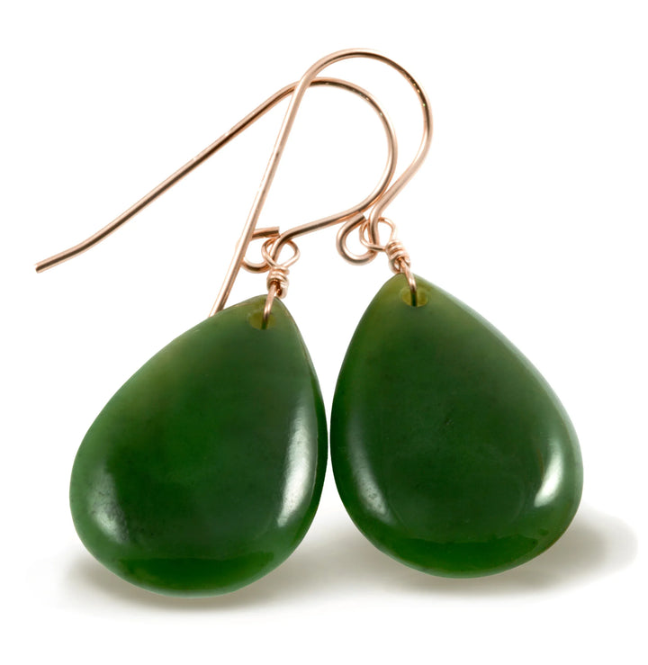 Jade Earrings Natural Green Nephrite Smooth Fat Teardrop Drops 14k Solid Gold or Filled or Sterling Silver Earthy Rich Green classic simple - Spyglass Designs