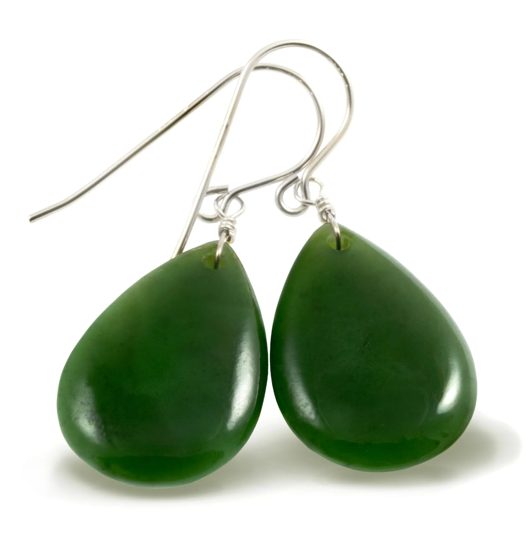Jade Earrings Natural Green Nephrite Smooth Fat Teardrop Drops 14k Solid Gold or Filled or Sterling Silver Earthy Rich Green classic simple - Spyglass Designs