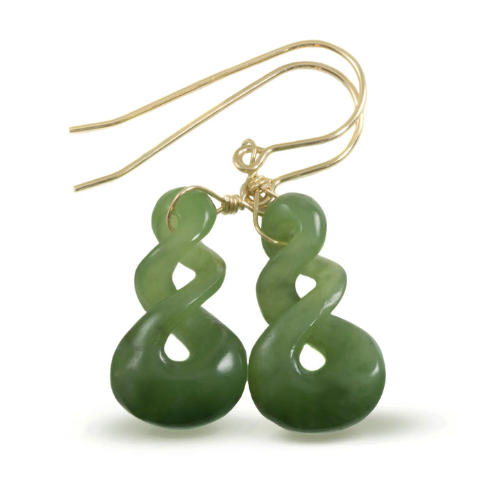Natural Nephrite Green Jade Earrings Carved Triple Infinity Teardrop 14k solid yellow gold or filled or Sterling Silver unique simple drops - Spyglass Designs
