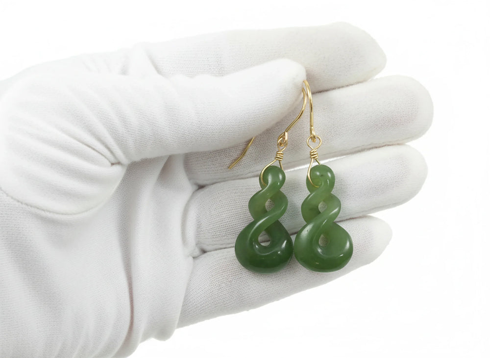 Natural Nephrite Green Jade Earrings Carved Triple Infinity Teardrop 14k solid yellow gold or filled or Sterling Silver unique simple drops - Spyglass Designs