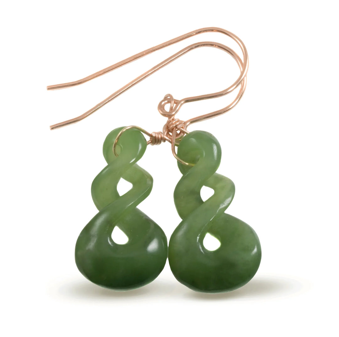 Natural Nephrite Green Jade Earrings Carved Triple Infinity Teardrop 14k solid yellow gold or filled or Sterling Silver unique simple drops - Spyglass Designs