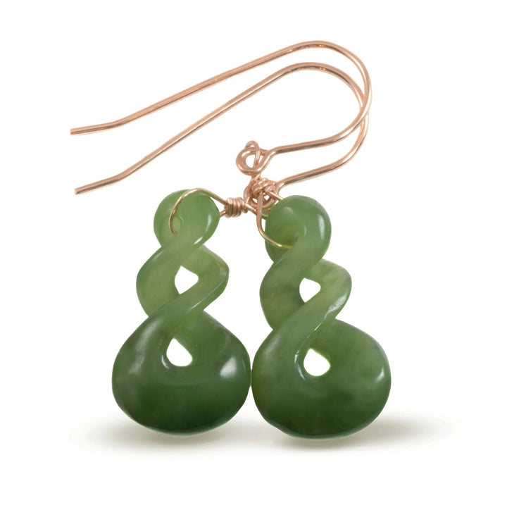Natural Nephrite Green Jade Earrings Carved Triple Infinity Teardrop 14k solid yellow gold or filled or Sterling Silver unique simple drops - Spyglass Designs
