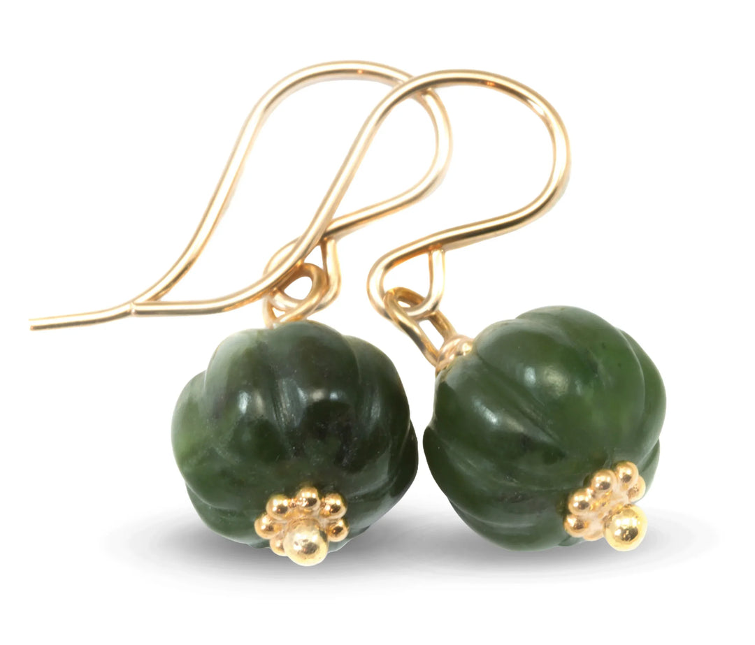 Nephrite Green Jade Earrings Carved Round Pumpkin Shape Smooth Sterling Silver or 14k Solid Gold or Filled Swirl Dainty Simple Lightweight - Spyglass Designs