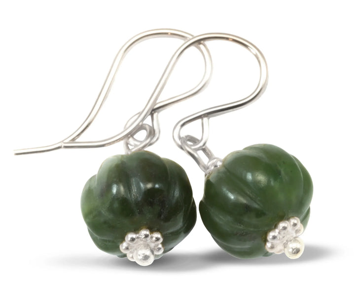 Nephrite Green Jade Earrings Carved Round Pumpkin Shape Smooth Sterling Silver or 14k Solid Gold or Filled Swirl Dainty Simple Lightweight - Spyglass Designs