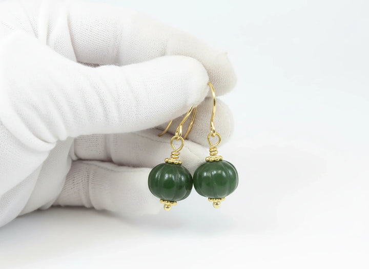 Nephrite Green Jade Earrings Carved Round Pumpkin Shape Smooth Sterling Silver or 14k Solid Gold or Filled Swirl Dainty Simple Lightweight - Spyglass Designs