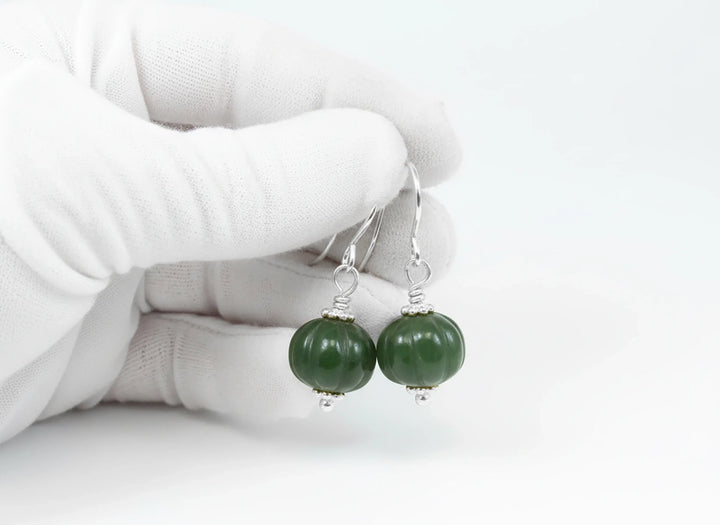Nephrite Green Jade Earrings Carved Round Pumpkin Shape Smooth Sterling Silver or 14k Solid Gold or Filled Swirl Dainty Simple Lightweight - Spyglass Designs