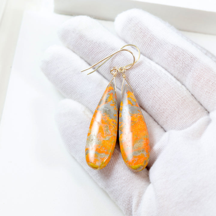 Bumble Bee Jasper Earrings Large Long Smooth Teardrops Select Paired  14k Solid Gold or Filled  or Sterling Silver Spyglass Designs 1.8 Inch