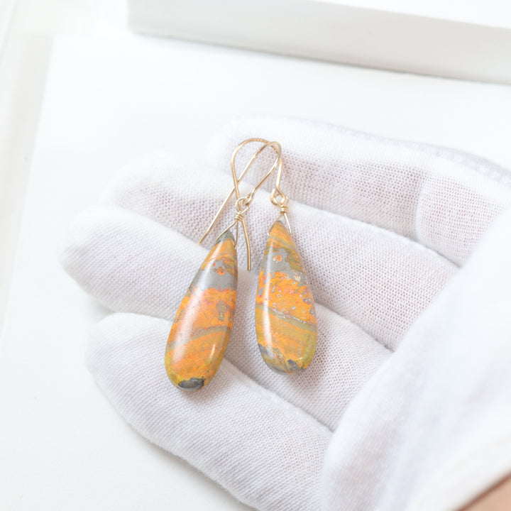 Bumble Bee Jasper Earrings Large Long Smooth Teardrops Select Paired  14k Solid Gold or Filled  or Sterling Silver Spyglass Designs 1.8 Inch