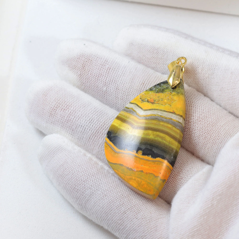 Bumble Bee Jasper Necklace Pendant smooth Natural Yellow Orange Teardrop Simple Unique Spyglass Designs - Spyglass Designs