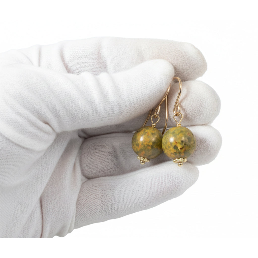 Bumble Bee Jasper Earrings  Smooth Round Drops Yellow Orange 14k Solid Gold or Filled  or Sterling Silver Drops Spyglass Designs