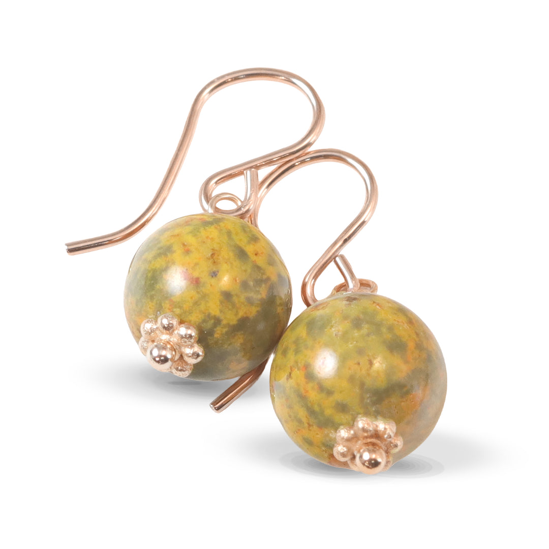 Bumble Bee Jasper Earrings  Smooth Round Drops Yellow Orange 14k Solid Gold or Filled  or Sterling Silver Drops Spyglass Designs