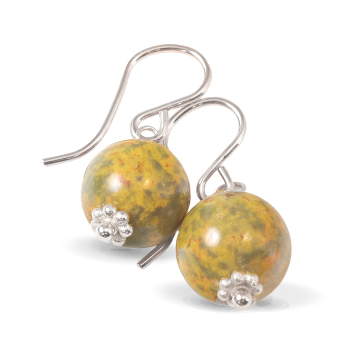 Bumble Bee Jasper Earrings  Smooth Round Drops Yellow Orange 14k Solid Gold or Filled  or Sterling Silver Drops Spyglass Designs