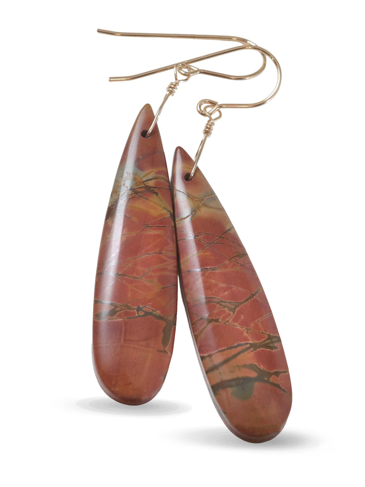 Red Creek Jasper Earrings Red Terra Cotta Brown 14k solid gold or filled or Sterling Silver Smooth Long Dangle Natural Simple Drops 2.5 In
