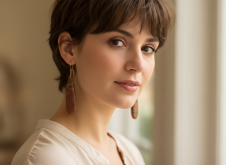 Red Creek Jasper Earrings Red Terra Cotta Brown 14k solid gold or filled or Sterling Silver Smooth Long Dangle Natural Simple Drops 2.5 In