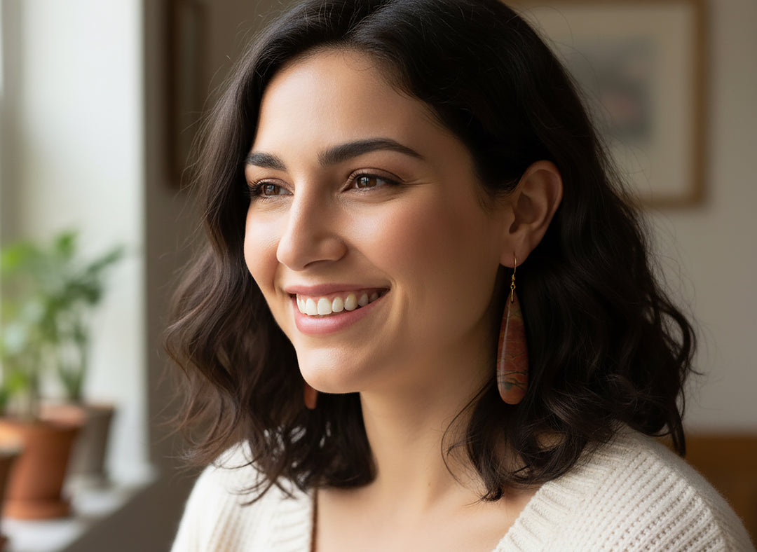 Red Creek Jasper Earrings Red Terra Cotta Brown 14k solid gold or filled or Sterling Silver Smooth Long Dangle Natural Simple Drops 2.5 In