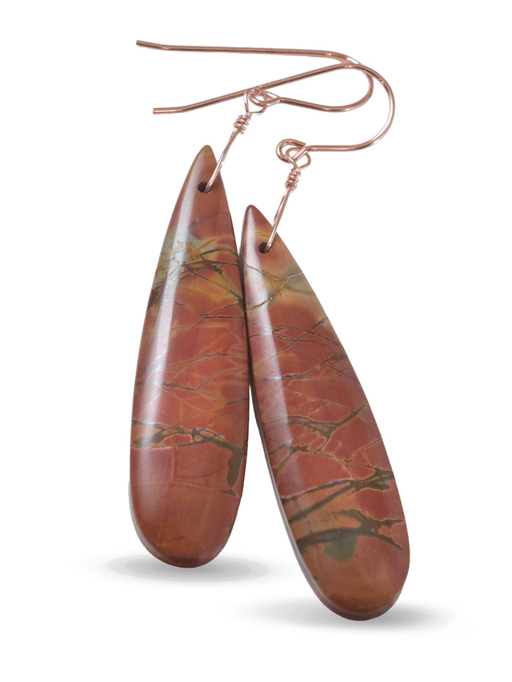 Red Creek Jasper Earrings Red Terra Cotta Brown 14k solid gold or filled or Sterling Silver Smooth Long Dangle Natural Simple Drops 2.5 In