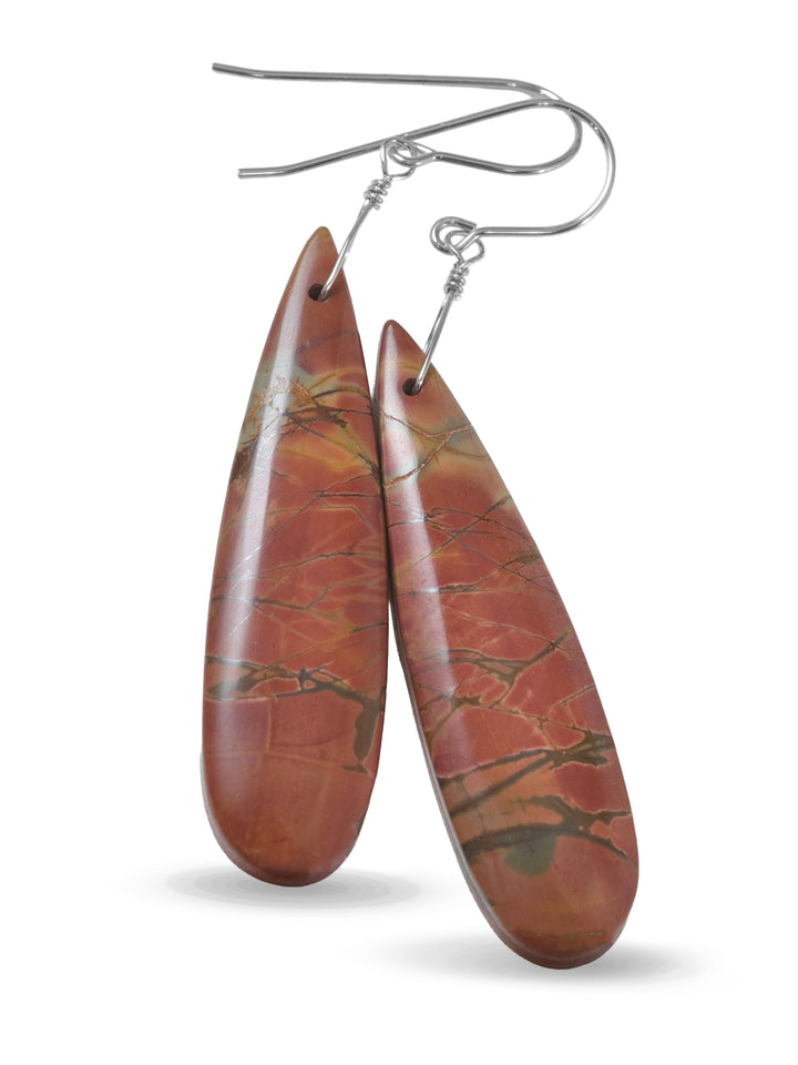 Red Creek Jasper Earrings Red Terra Cotta Brown 14k solid gold or filled or Sterling Silver Smooth Long Dangle Natural Simple Drops 2.5 In