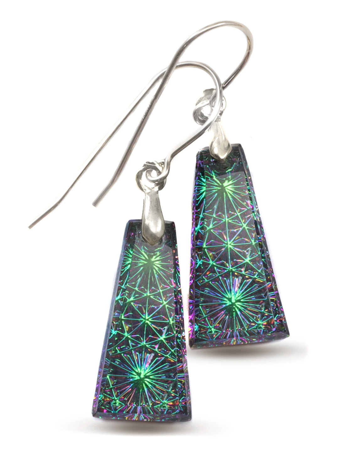 Kaleidoscope Crystal Earrings Electric Peacock Green Engraved Rectangular 14k Solid Gold or Filled or Sterling Silver  1.5 Inches (Copy)