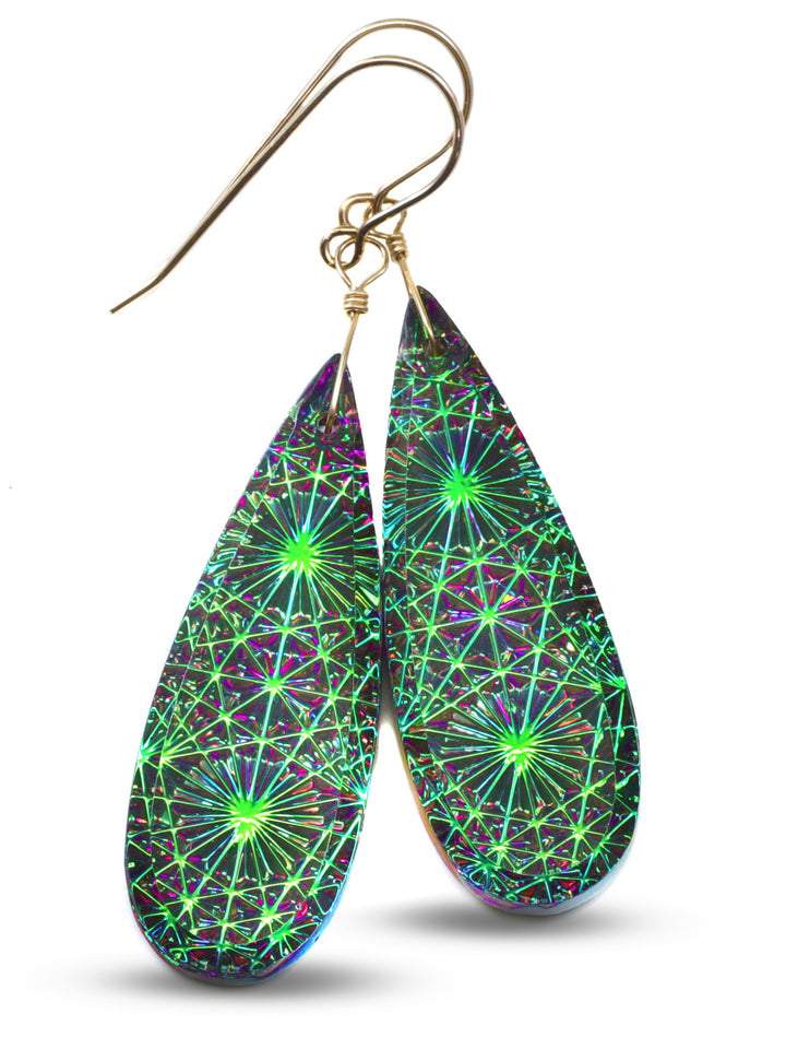 Kaleidoscope Crystal Earrings Electric Peacock Green Engraved Large Teardrops 14k Solid Gold or Filled or Sterling Silver  2.3 "