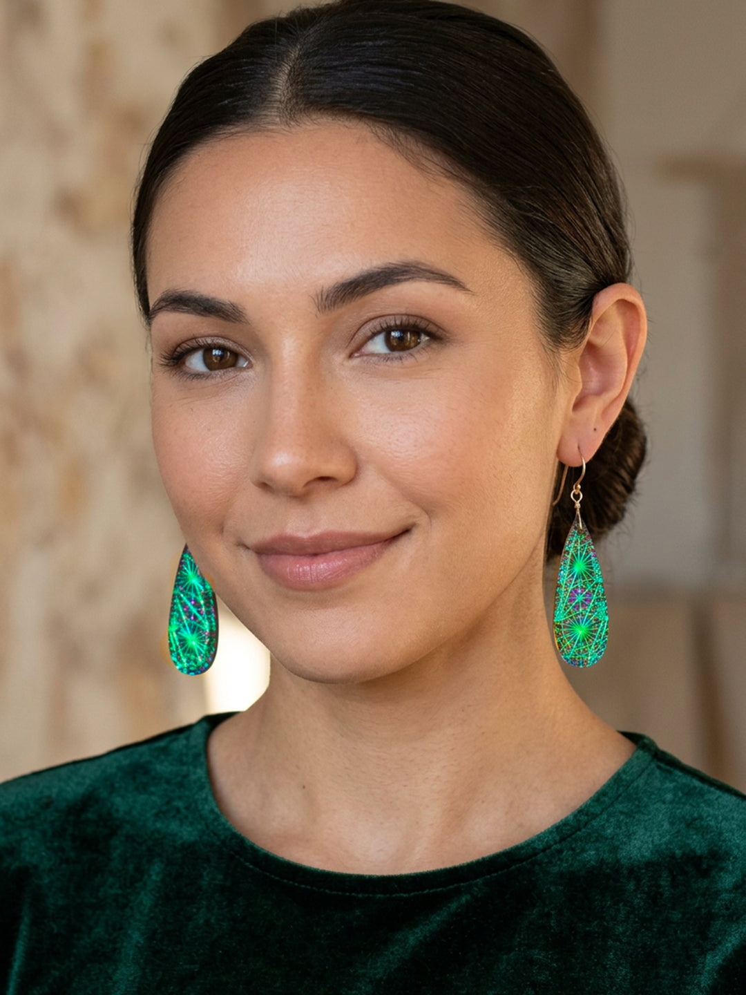 Kaleidoscope Crystal Earrings Electric Peacock Green Engraved Large Teardrops 14k Solid Gold or Filled or Sterling Silver  2.3 "