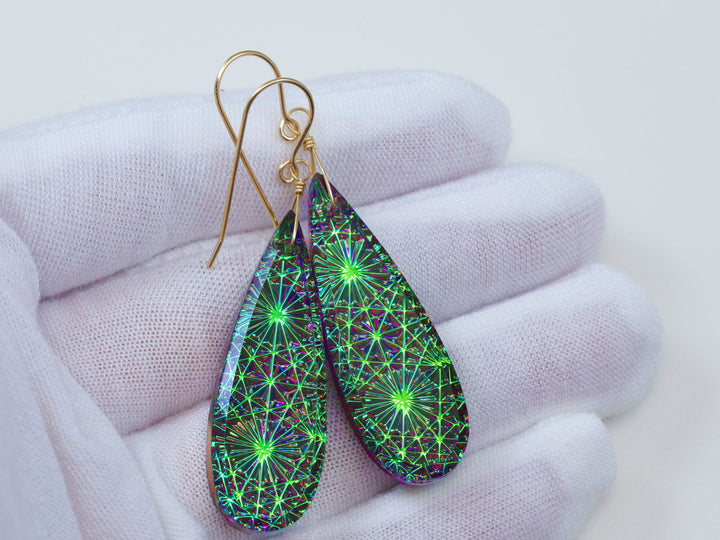 Kaleidoscope Crystal Earrings Electric Peacock Green Engraved Large Teardrops 14k Solid Gold or Filled or Sterling Silver  2.3 "