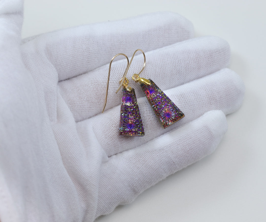 Kaleidoscope Crystal Earrings Electric Peacock Purple Engraved Rectangular 14k Solid Gold or Filled or Sterling Silver  1.5 Inches