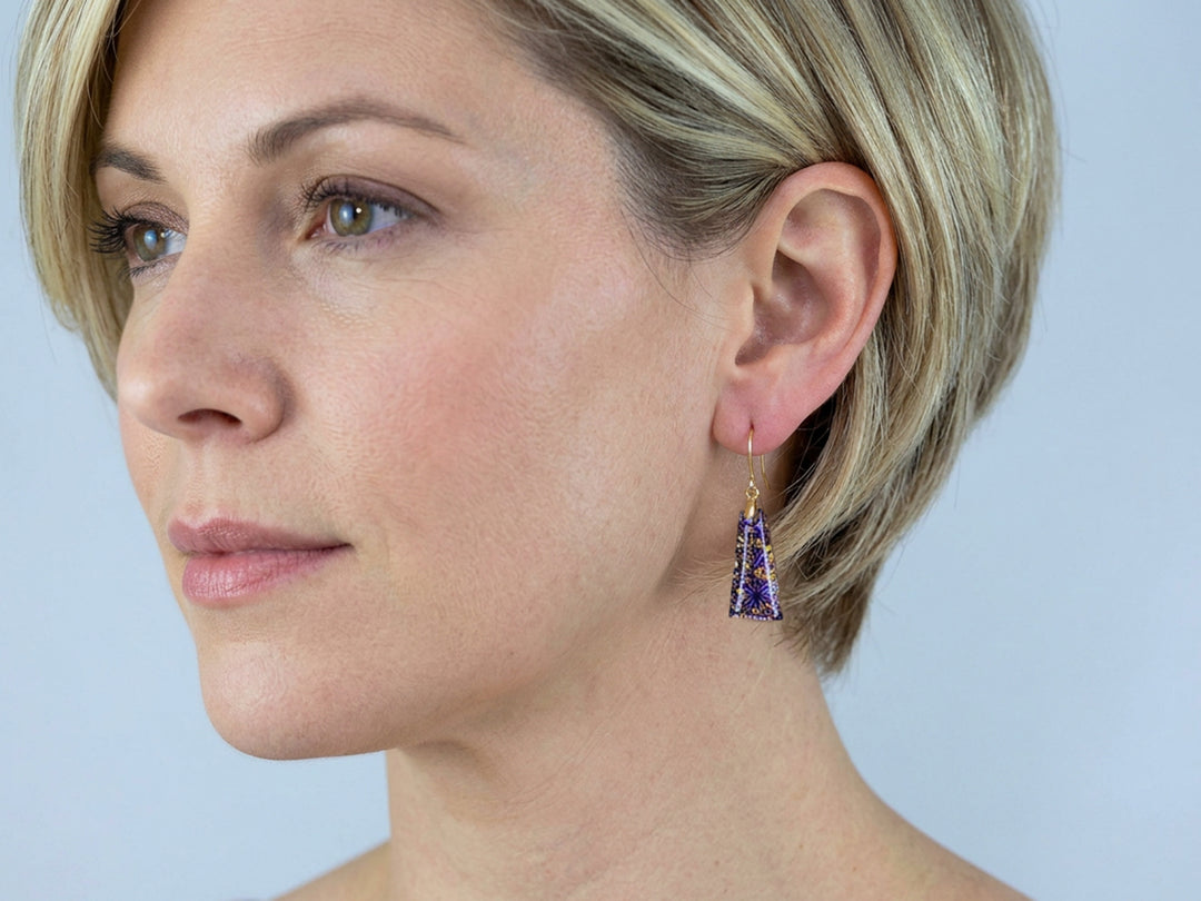 Kaleidoscope Crystal Earrings Electric Peacock Purple Engraved Rectangular 14k Solid Gold or Filled or Sterling Silver  1.5 Inches