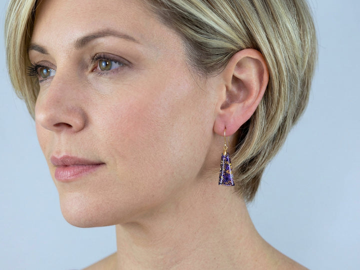 Kaleidoscope Crystal Earrings Electric Peacock Purple Engraved Rectangular 14k Solid Gold or Filled or Sterling Silver  1.5 Inches