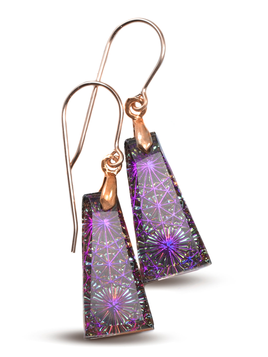 Kaleidoscope Crystal Earrings Electric Peacock Purple Engraved Rectangular 14k Solid Gold or Filled or Sterling Silver  1.5 Inches