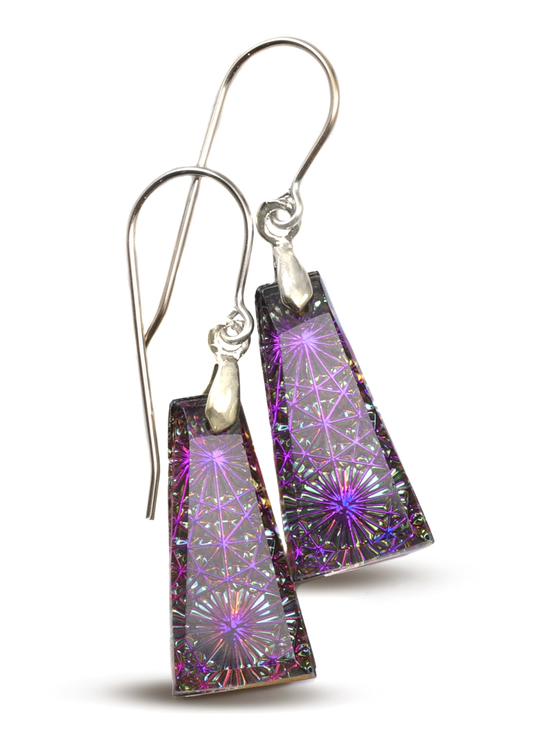 Kaleidoscope Crystal Earrings Electric Peacock Purple Engraved Rectangular 14k Solid Gold or Filled or Sterling Silver  1.5 Inches
