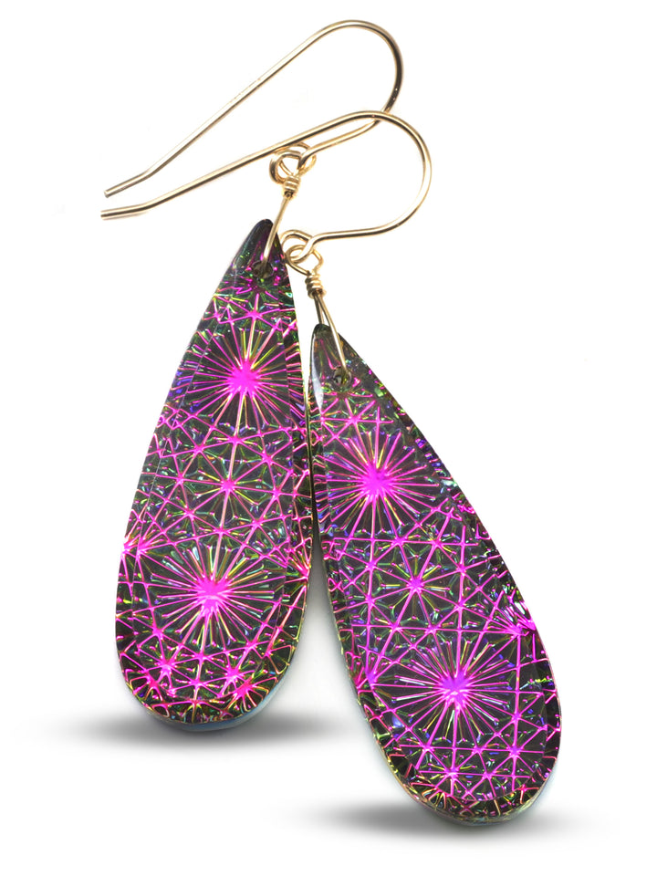 Kaleidoscope Crystal Earrings Electric Peacock Pink Engraved Large Teardrops 14k Solid Gold or Filled or Sterling Silver  2.3 "