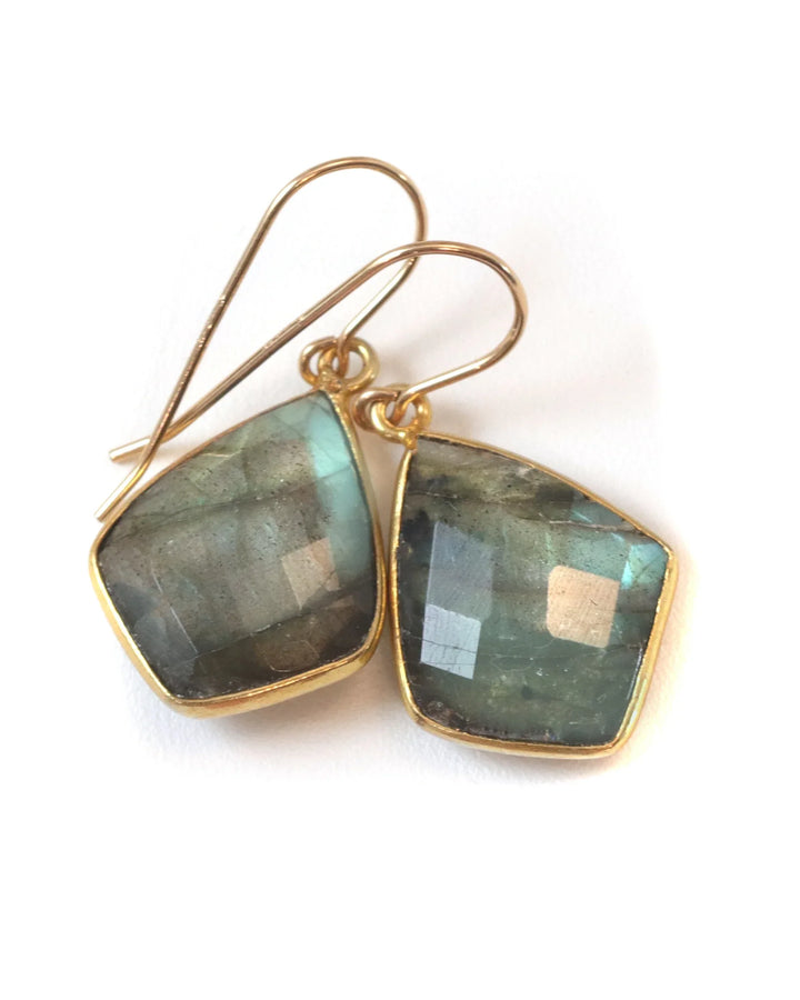 Labradorite Earrings Faceted Triangle Cut 14k Solid Gold or Filled Color Golden Flash High Quality Classic Simple Bezeled Spyglass Designs - Spyglass Designs