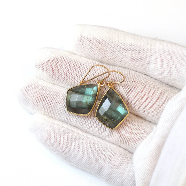 Labradorite Earrings Faceted Triangle Cut 14k Solid Gold or Filled Color Golden Flash High Quality Classic Simple Bezeled Spyglass Designs - Spyglass Designs