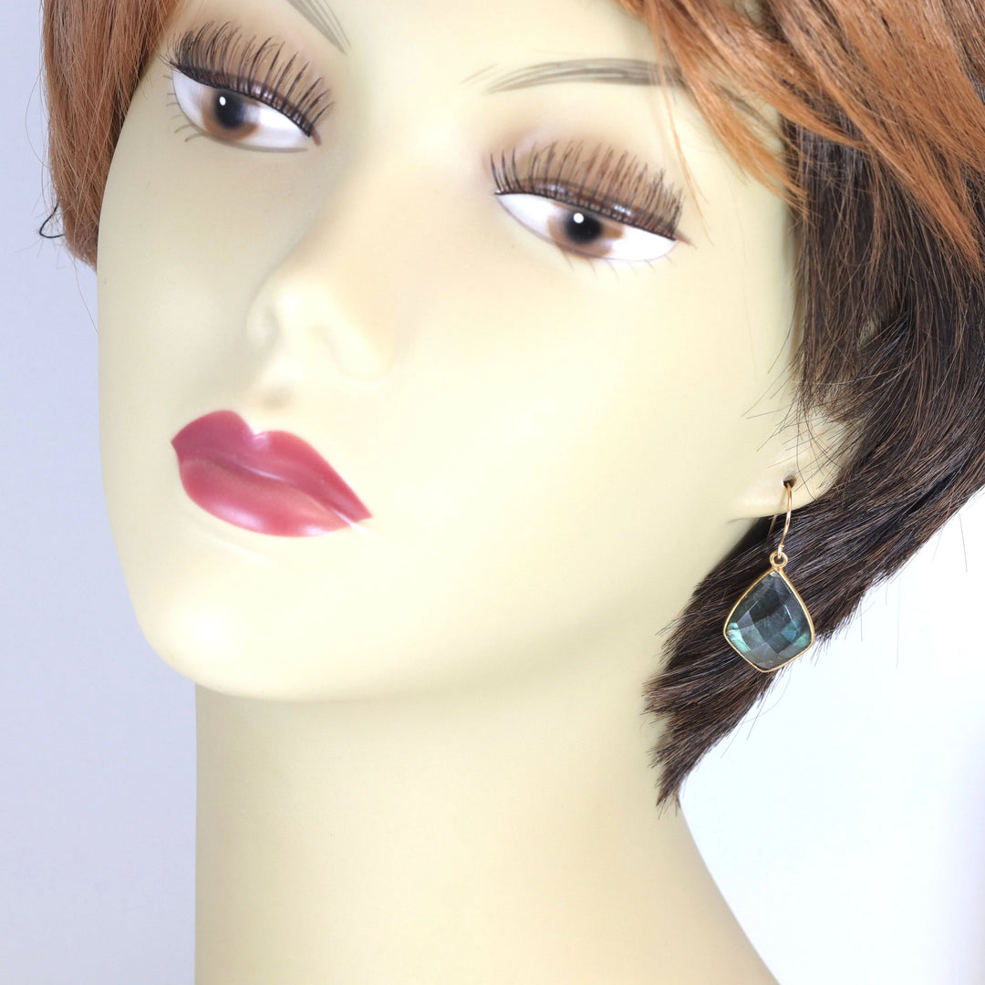 Labradorite Earrings Faceted Triangle Cut 14k Solid Gold or Filled Color Golden Flash High Quality Classic Simple Bezeled Spyglass Designs - Spyglass Designs