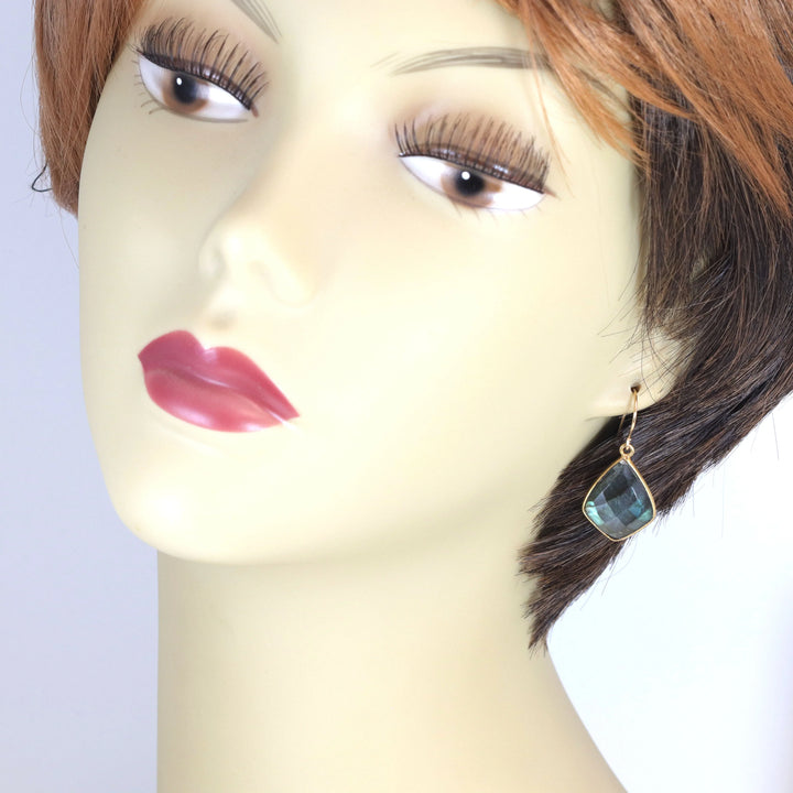 Labradorite Earrings Faceted Triangle Cut 14k Solid Gold or Filled Color Golden Flash High Quality Classic Simple Bezeled Spyglass Designs - Spyglass Designs