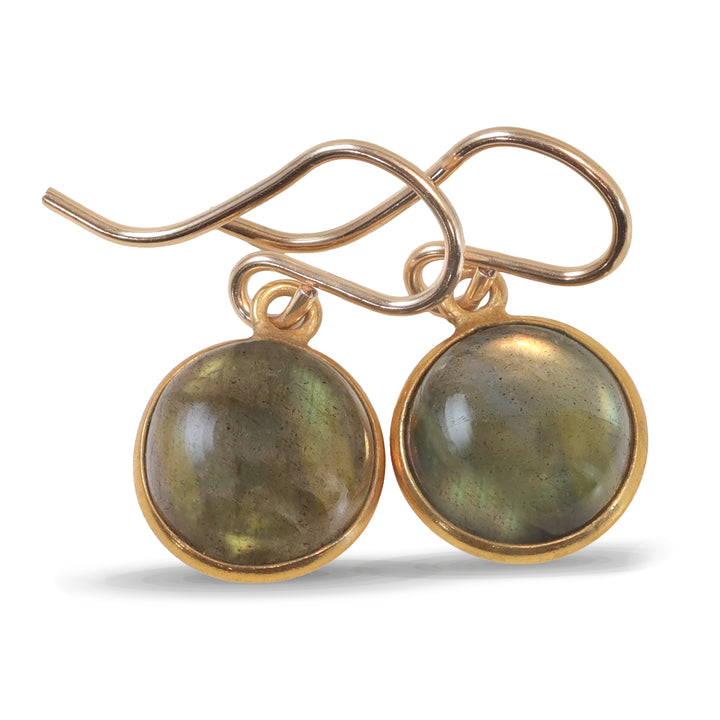 Blue Flash Labradorite Earrings Small Simple Drops Bezel Set Round Drop Dangle 14k Solid Gold or Filled Dainty Smooth Cut Small Drops
